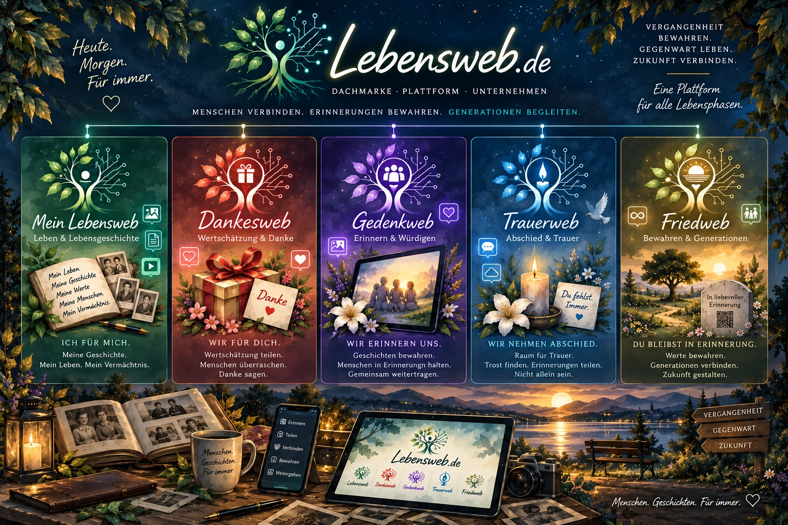Lebensweb.de – Dachmarke · Plattform · Unternehmen. Die fünf Marken: Mein Lebensweb – Leben & Lebensgeschichte, „Ich für mich.“; Dankesweb – Wertschätzung & Danke, „Wir für Dich.“; Gedenkweb – Erinnern & Würdigen, „Wir erinnern uns.“; Trauerweb – Abschied & Trauer, „Wir nehmen Abschied.“; Friedweb – Bewahren & Generationen, „Du bleibst in Erinnerung.“